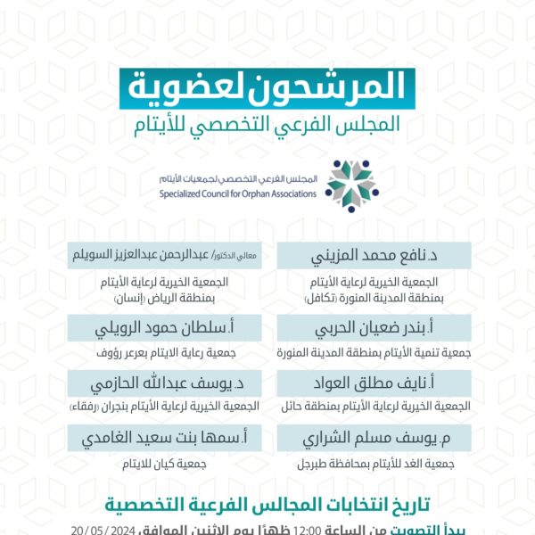 الترشيح لعضوية المجلس الفرعي التخصصي لجمعيات الأيتام لدورته الثانية