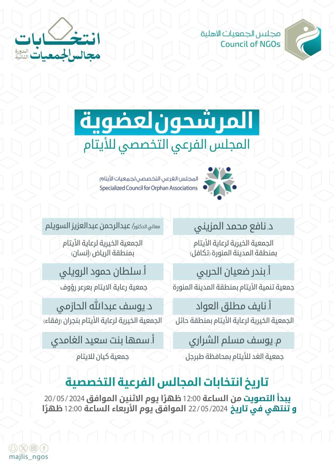 Read more about the article الترشيح لعضوية المجلس الفرعي التخصصي لجمعيات الأيتام لدورته الثانية
